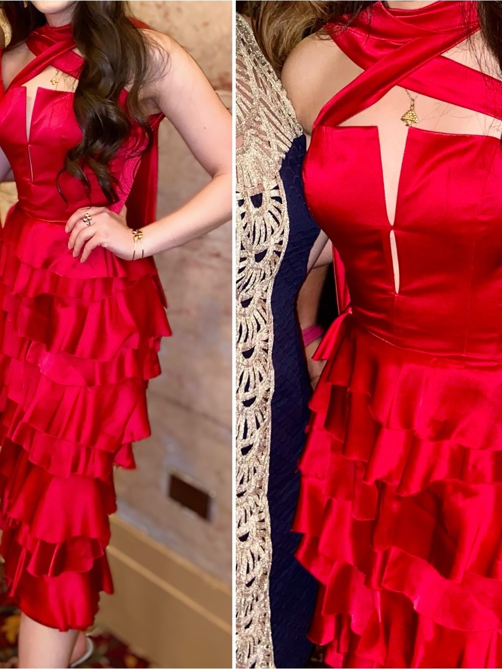 Red One-Shoulder Ruffle Satin Dress - Picture 2 of 4